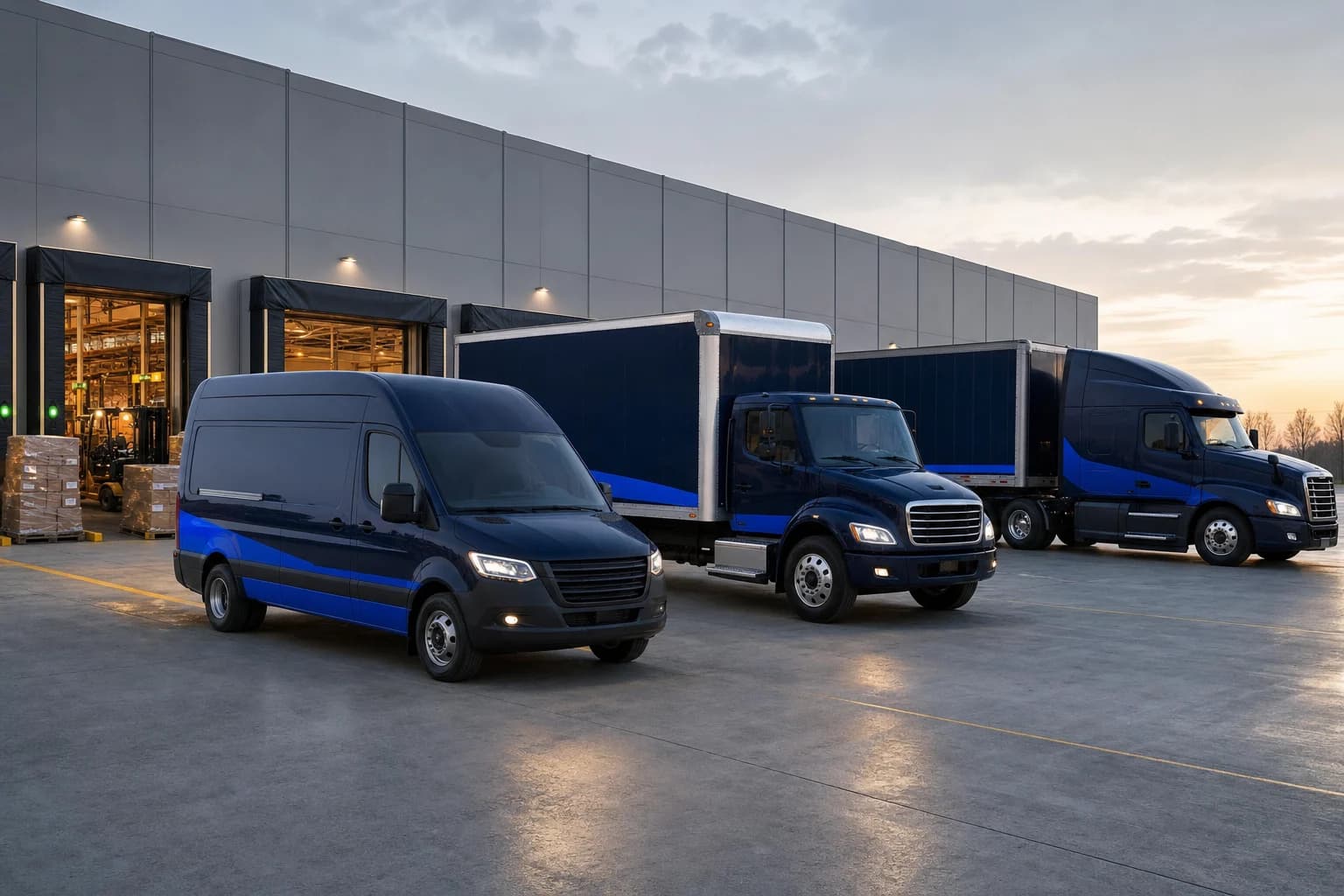 Illustration of a cargo van, a box truck and a semi truck outside a warehouse loading dock