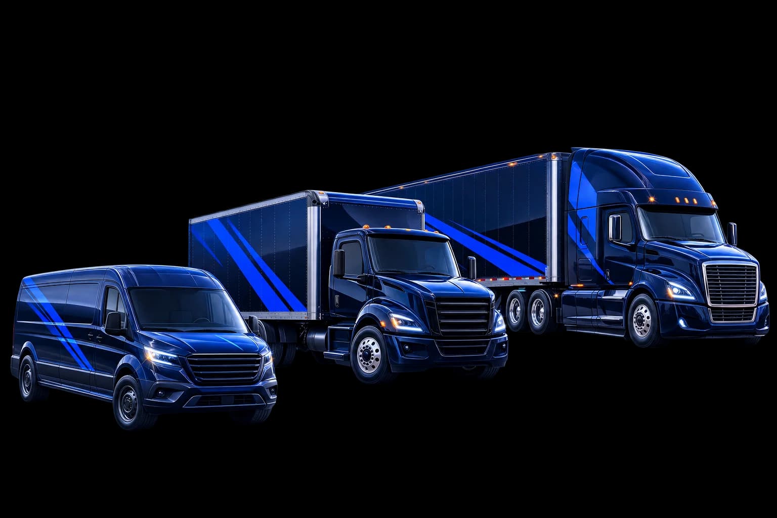 Illustration of a cargo van, a box truck and a semi truck with trailer