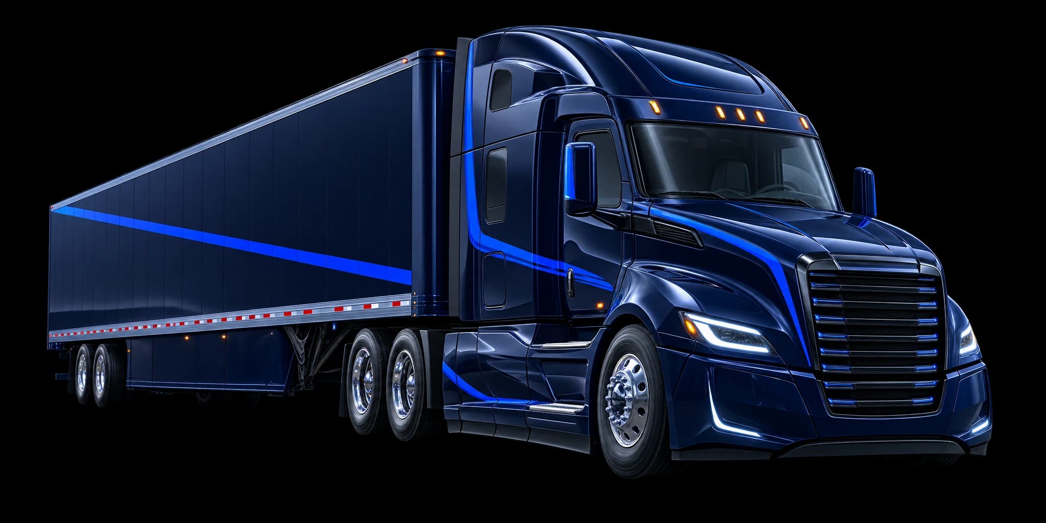 Illustration of a navy semi-truck tractor pulling a dry van trailer