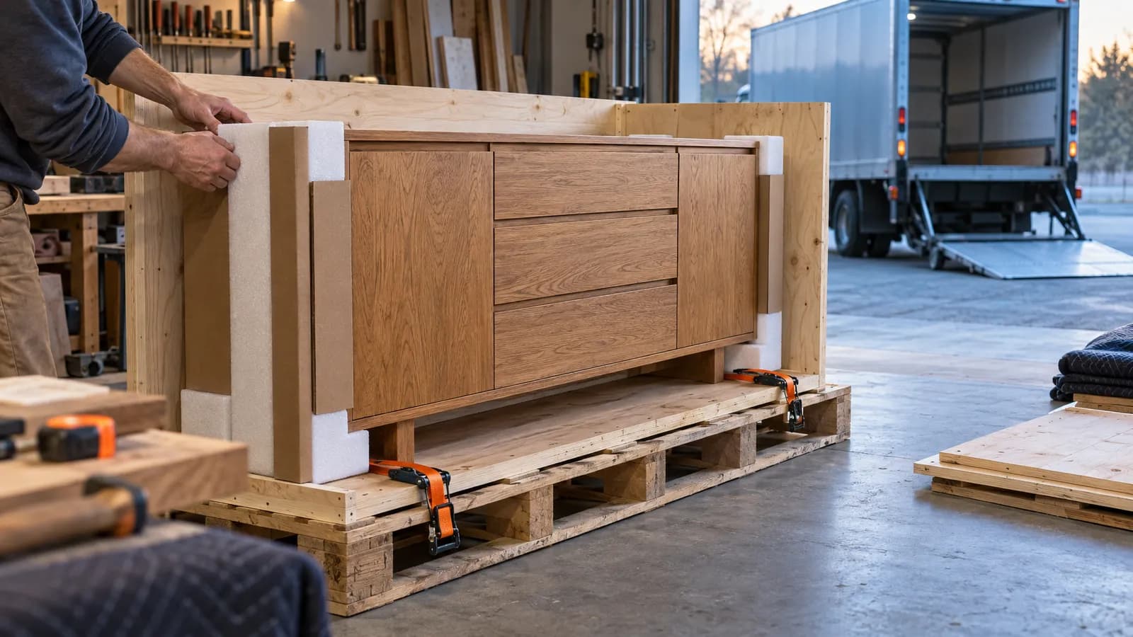 A handmade wooden sideboard is secured on a pallet at a home workshop, with a freight truck waiting outside.