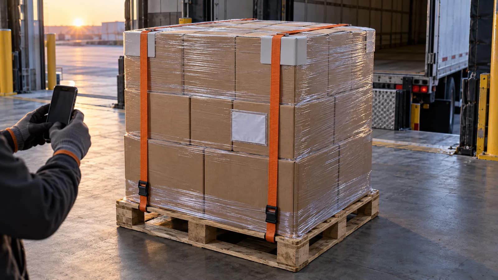 Gloved hands photograph neatly stacked cartons wrapped and strapped to a wooden pallet at a loading dock.