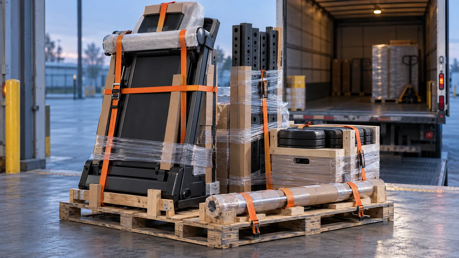 A folded treadmill and disassembled gym equipment are protected and strapped to pallets at a freight loading dock.
