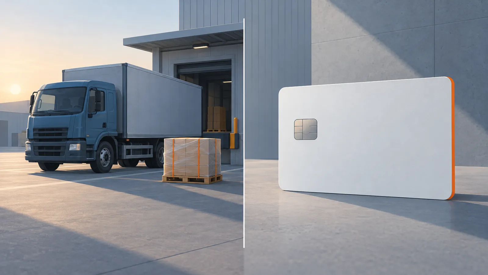 An illustration contrasts a freight truck and pallet with a blank payment card.
