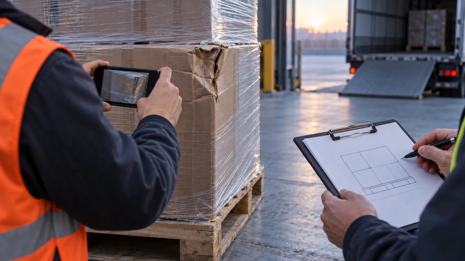 A worker photographs a crushed carton corner on a pallet while a receiver holds delivery paperwork at a freight dock.
