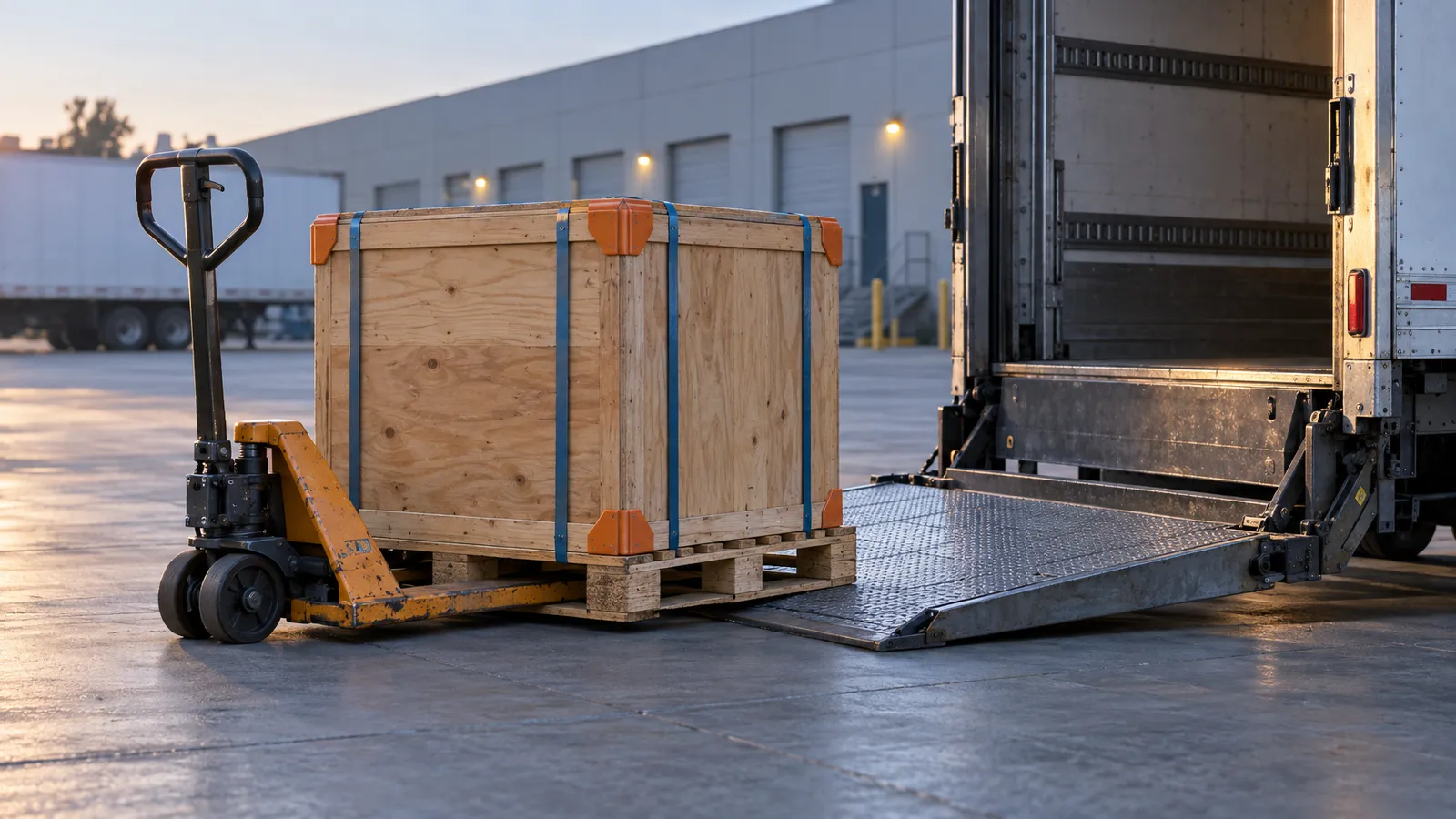 A palletized wooden freight crate rests on a pallet jack beside an unbranded truck’s lowered liftgate at dawn.