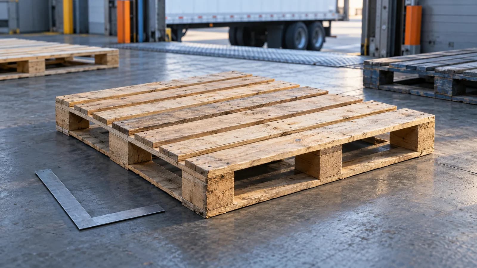 A wooden shipping pallet viewed from above at an angle, with other pallet sizes behind it on a loading dock.