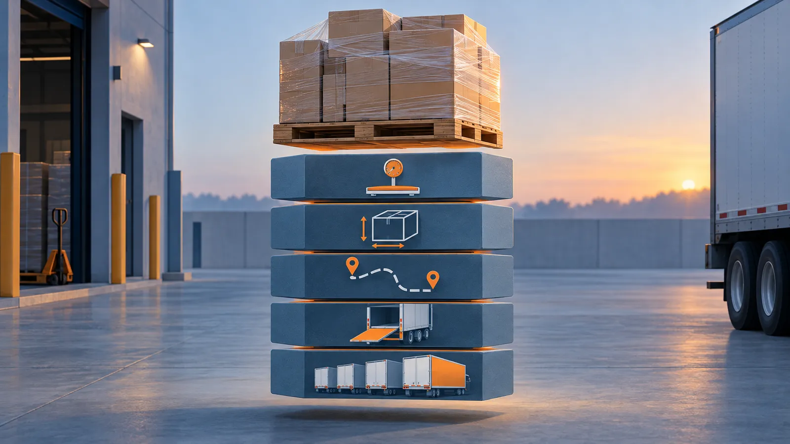 A pallet sits above five illustrated layers representing weight, density, distance, extra services, and freight capacity.