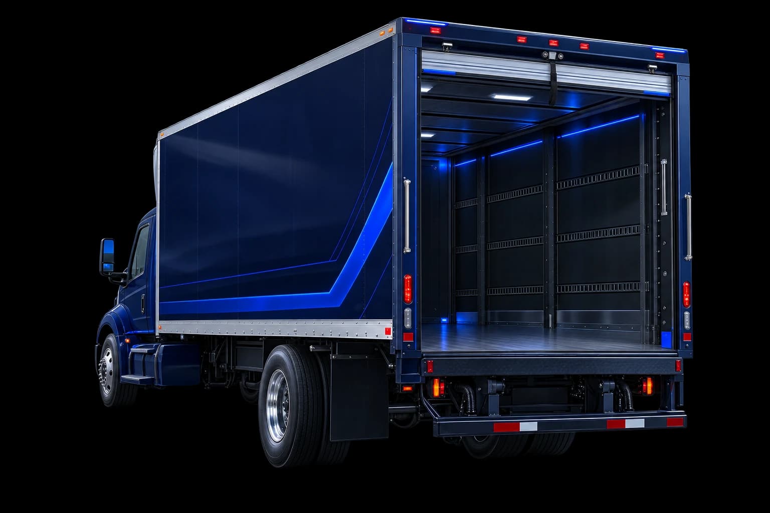 Illustration of a box truck with its rear cargo door open
