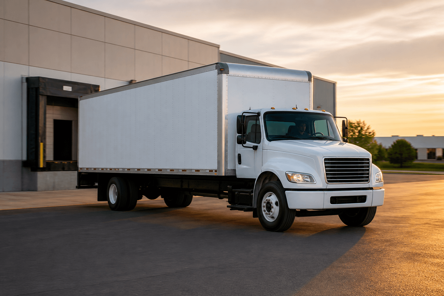White box truck parked beside a warehouse loading dock at sunset