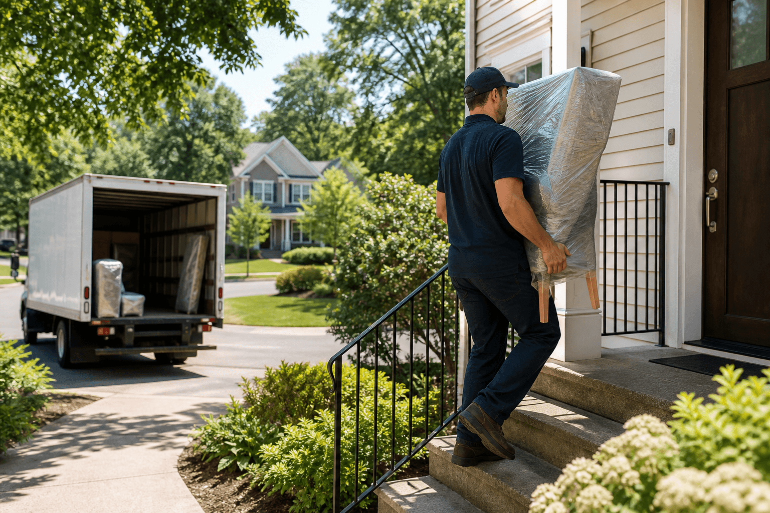 Delivery driver carrying furniture up steps to a residential front door