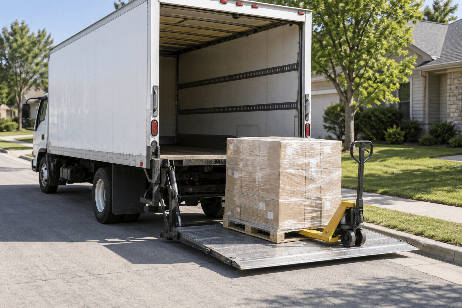 Box truck with liftgate platform lowered to the curb carrying a wrapped pallet