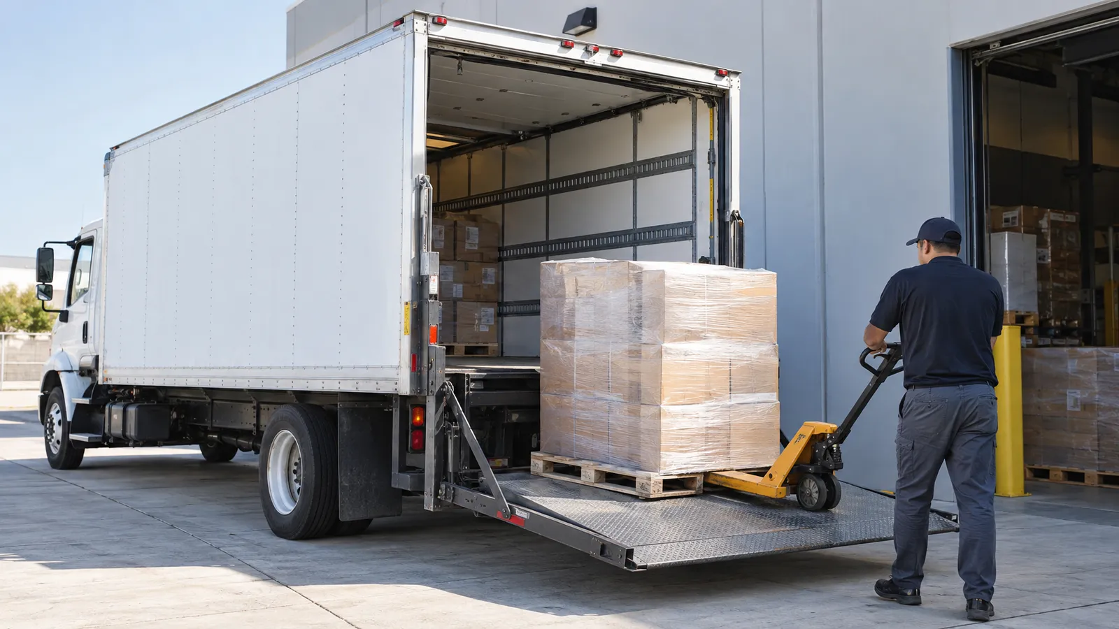 Box truck with open rear door and lowered liftgate holding a shrink-wrapped pallet at a warehouse loading area